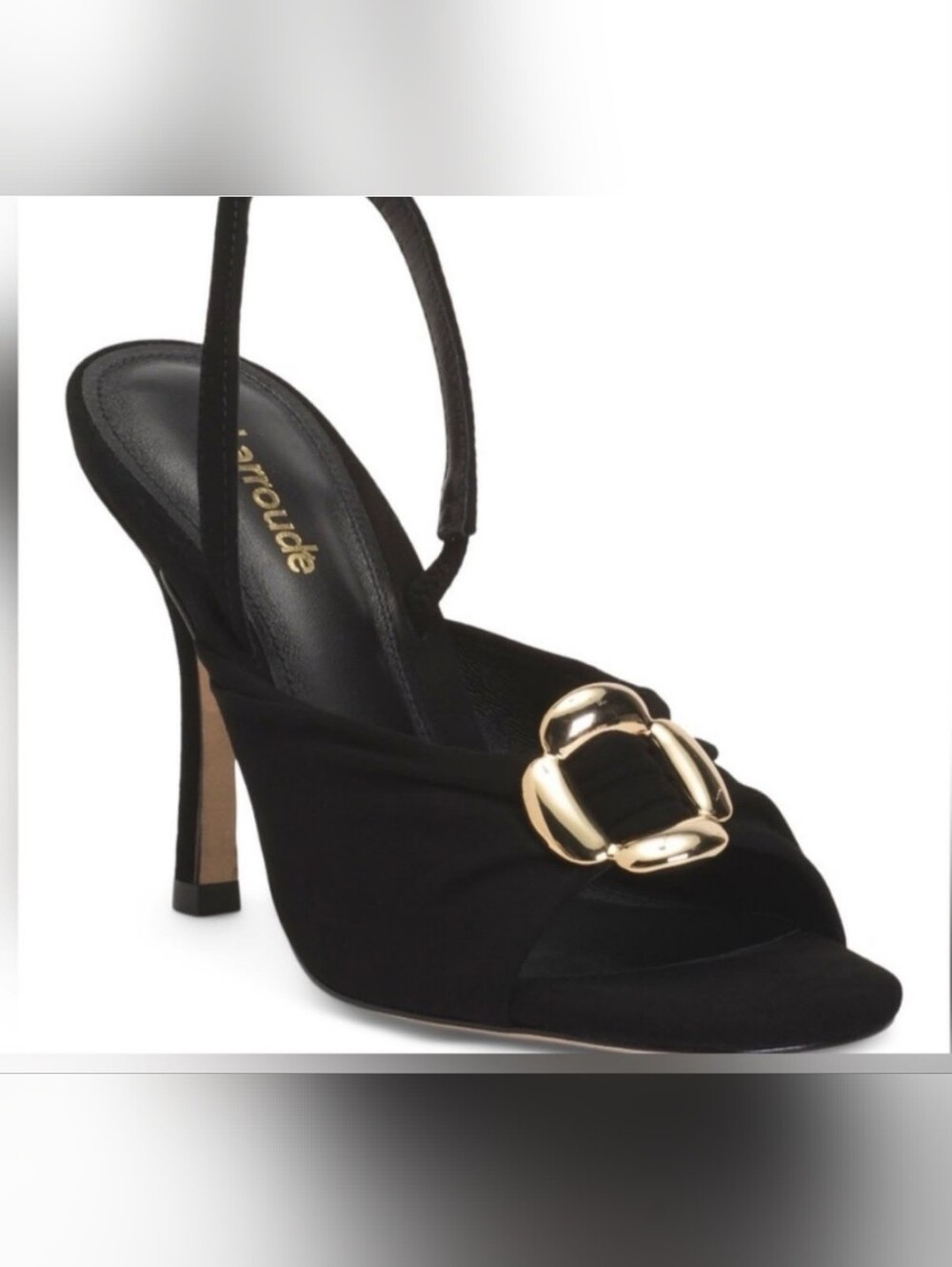 Larroude Mayfair Slingback Heel Black Suede with Gold Buckle Accent